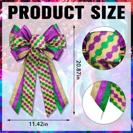 Habbiful Large Mardi Gras Bow for Wreath, Mardi Gras Wreath Bow New Orleans Bow for Front Door Glitter Purple Green Stripes Bow Fat Tuesday Tree Topper Bow for Mardi Gras Carnival Decoration