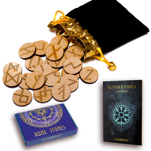 WICCSTAR Engraved Magic Rune Stones Kit In Velvet Pouch. Elder Runes Stones Alphabet magic set