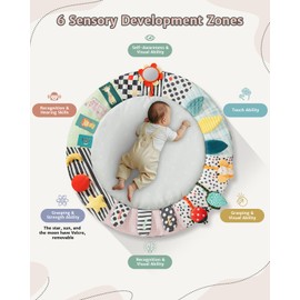 Suihuooo Baby Play Mat Activity Gym,6 Developmental Zones Tummy Time Mat, Foldable Wooden Baby Play Gym with 7 Detachable Sensory Toys for Newborn Brain Development, Essential Baby Shower Set