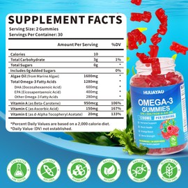 Vegan Omega-3 Gummies 1280mg, Omega 3 Fish Oil Alternative for Adults w/EPA 400mg & DHA 600mg & Vitamin A, C, E Supports Brain, Eye & Immune Health, Sugar Free, Raspberry Flavor, 60 Count