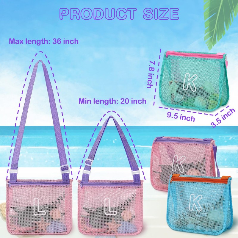 3Pcs Alphabet Printed Seashell Bags, Lightweight & Foldable Kids Beach