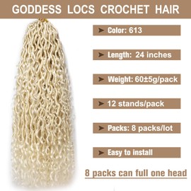 COOKOO 24 Inch Pre Looped Goddess Locs Crochet Hair for Black Women 8 Packs Blonde Boho Faux Locs Crochet Hair with Curly Ends River Locs Crochet Hair Bohemian Locs Braids Hair Extensions 613#