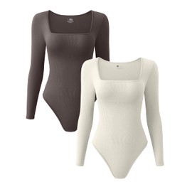 OQQ Women's 2 Piece Bodysuits Sexy Ribbed One Piece Square Neck Long Sleeve Bodysuits Tea leaf Beige