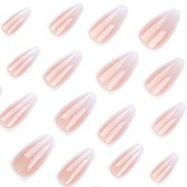 Press on Nails Medium Almond SWEKKE French Fake Nails Nude Full Cover White Gradient False Nails with Designs Glossy Glue on Nails Acrylic Nails Manicure Artificial Nails for Women Girls 24Pcs