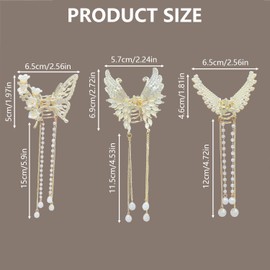Pack of 3 Butterfly Claw Clips, Barrette Hair Clip Gold, Hair Clips With Movable Tassels, Women's Pearls Rhinestone Elegant Hair, Non-Slip Hair Clip