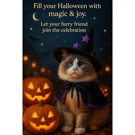 Disfraz de bruja de gato de Halloween – Capa de bruja ajustable negra y morada con adorno de calabaza y sombrero de mago – Traje perfecto de Halloween para gatos pequeños y medianos
