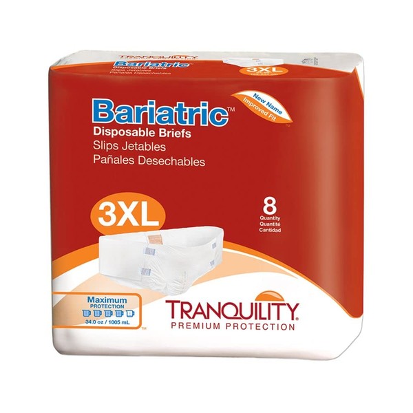 Tranquility Bariatric Disposable Briefs 3X-Large with Peach Mat Core for Dry Skin, Odor Control & Max Comfort, Secure Kufguard Technology, Latex-Free, 34oz Capacity, 32ct Case