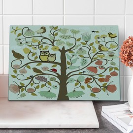 Lunarable Forest Cutting Board, Tree Doodle with Whirling Branches Flowers Roses Flourishing Owls Birds Bee, Decorative Tempered Glass Cutting and Serving Board, Large Size, Umber Yellow