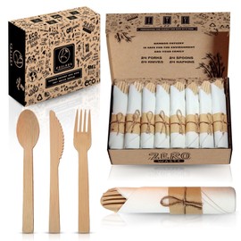 KOELHO'S Prerolled Napkin 100% Natural Bamboo Cutlery Set -24 Knife, 24 Forks and 24 Spoons - Reusable Bamboo Utensils Set - Bamboo Serving Utensils for Party/Wedding/Picnic