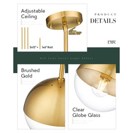 LMS Mid Century Pendant Light Fixtures, Brushed Gold Farmhouse Pendant Light with Clear Globe Glass Shade, Adjustable Hanging Rod Ceiling Light for Dining Room Bathroom Kitchen Island, LMS-186BGC