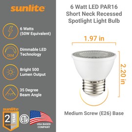 Sunlite LED PAR16 Dimmable, Short Neck Recessed Spotlight Light Bulb, 6-Watt, (50W Halogen Replacement) 500 Lumens, Medium E26 Base, 90 CRI, ETL Listed, 6 Count, 4000K Cool White