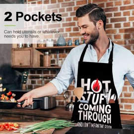 Funny Slogan BBQ Apron for Men & Women - 'HOT STUFF COMING THROUGH' Adjustable Kitchen Apron with Pockets, Grilling Chef Oil & Water Resistant