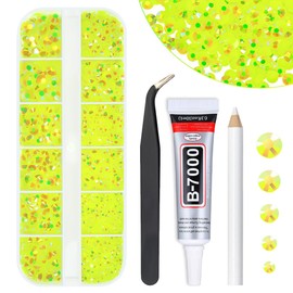 qiipii Neon Yellow AB Resin Rhinestones w B7000 Jewelry Glue for Bedazzling Crafting 2mm-6mm Fluorescent Yellow Flatback Jelly Stones Diamonds Gems Charms for Nails Face Makeup Tumblers Crafts Decor
