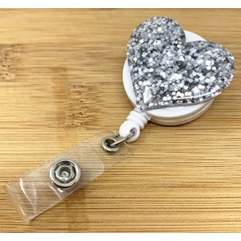 Bling Love Heart Glitter Retractable ID Badge Reel Holder with Alligator Clip 7 Colors (Silver)
