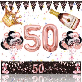 50th Birthday Woman Decoration, Magiccute Birthday Decoration Women Long Happy Birthday Banner Garland Bunting and Black Rose Gold Confetti Balloons Decoration Set