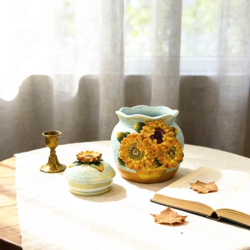 FORLONG Ceramic Hand-Painted Sunflower Sealed Jar,Food Storage Containers with Lids,