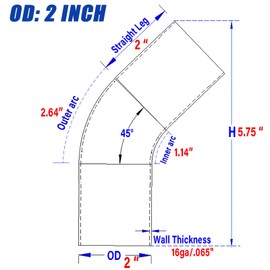 2 Inch 45 Degree Elbow Stainless Mandrel Bend Elbow - 2" Leg- 16GA/. 065" Wall - Thickned SS304 Stainless Steel Piping Tip for Automotive Exhaust Welding (OD: 2 ")