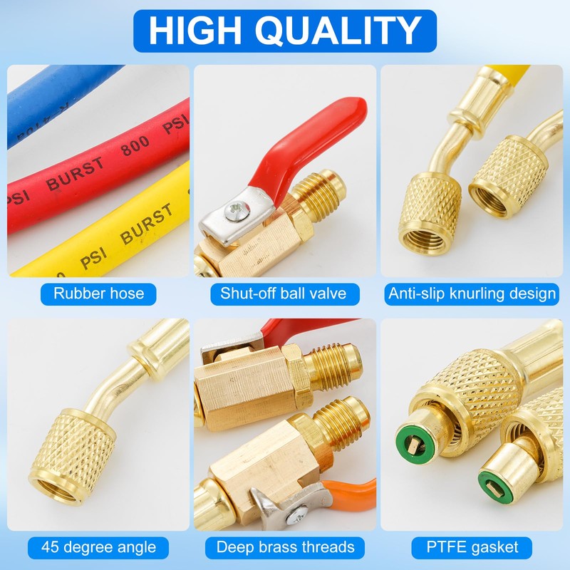 Tigbear R134A R410A R22 R12 AC Charging Hoses, 7" Length