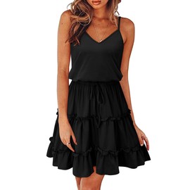 Newshows Women's 2025 Summer Dress Graduation Spaghetti Strap Casual Boho Beach Vacation Outfits Drawstring Ruffle Flowy Hem Sundress Trendy(Black, XXL)
