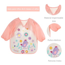 Baberos para Bebé, Impermeable con Mangas, Juego de 3, para Niños de 6 a 36 Meses (Pájaro abeja rana)