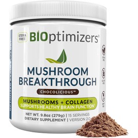 BiOptimizers Bebida innovadora de hongos chocolate: 5 superalimentos hongos funcionales más colágeno sin choques que aumenta la energía del enfoque y la salud intestinal: melena de león en polvo,