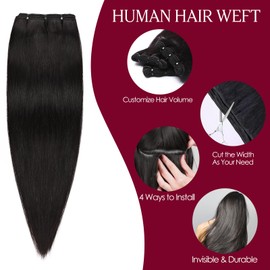 Benehair Human Hair Extensions Weft Remy Straight Invisible 16 Inch 100g Double Weft Hair Extensions Real Human Silky #1B Natural Black