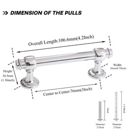 Voraus 15Pack Cabinet Pull Polished Chrome Drawer Handle 3Inch (76mm) Hole Centers Zinc Alloy Kitchen Hardware Pull
