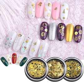 Mesiyun Nail Art Hollow Gold Studs 3D Metal Computer Chip Rivets Christmas Decoration Mixed Shape 3Boxes (3Boxes Metal Studs)