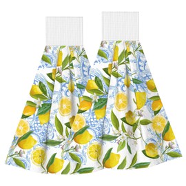 PDDCWAY 2 PCS Lemon Kitchen Hand Towels with Hanging Loops Absorbent Dish Oven Towel, Fast Drying Hanging Towels Tropic Leaves Lemon Decor for Home Kitchen Bathroom