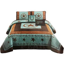 Western Peak 5 Pc Turquoise Western Home Quilt Bedspread Bedding Shams Comforter with Cowboy Horseshoe Pillows (Western Star, King)