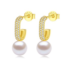 YAMI Round Pearl Earrings, Sterling Silver Hoop Earrings 14K Gold-Plated Cubic Zirconia Open C-Hoop Earrings for Women, 6-7MM Freshwater Cultured Pearl Earrings Jewelry Gifts