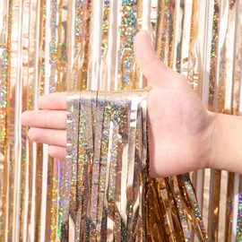 Voircoloria 3 Pack 3.3 x 8.2 ft Laser Champagne Foil Fringe Backdrop Curtains, Tinsel Streamers Birthday Party Decorations, Fringe Backdrop for Graduation, Baby Shower, Gender Reveal, Disco Party