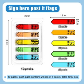 1000Pcs 10 Pack Sign Date Here Tabs, Waterproof Self-Adhesive Arrow Flags Sign Here Stickers with Dispenser, Ideal for Planner Notebook Calendar Notary Work Paper Filing Daily Reminder Tasks, 5 Colors