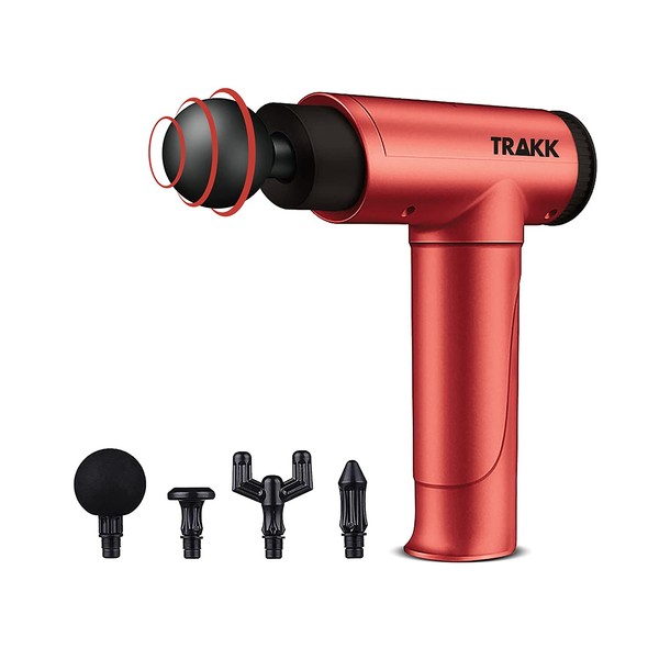 TRAKK SPORT Deep Tissue Handheld Massage Gun with 4 Speeds, 4 Head Attachments, and Rechargeable Battery for Sore and Tense Muscle Relaxation, Red