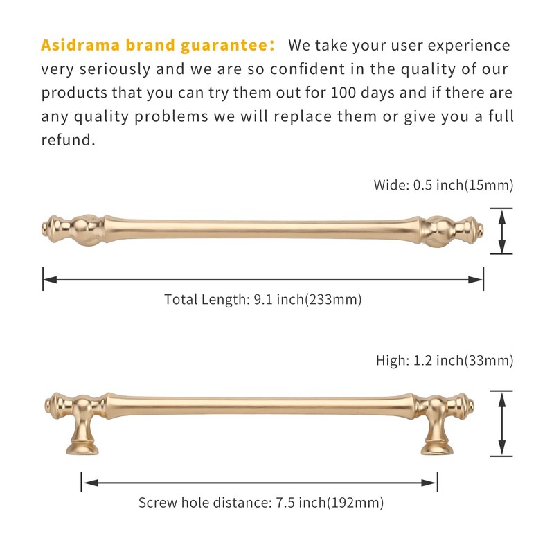 Asidrama 10 Pack 7.5 Inch(192mm) Brushed Brass Kitchen Cabinet Handles,