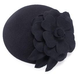Lawliet Autumn Winter Beret Hat Flower Wool Fascinator Hat Gatsby Style Hair Pillbox Hat Lady Cocktail Wedding Party Dress Fedoras (Black)(Size: One Size)