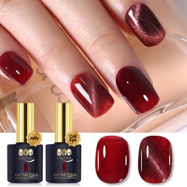 YTD Likomey Gel Nail Polish 2 Pcs Set,15ml Cat Eye Berry Red Glitter+15ml Translucent Galss Blood Berry Red,Nude Neutral Jelly UV Nail Gel Varnish with Magnet