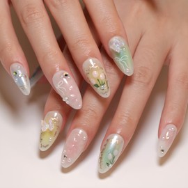 Cute Almond Press on Nails Medium Fake Nails Blue Pink Green Ombre False Nails with Embossed Flowers Butterfly Tulips Design Colorful Rhinestone Full Cover Artificial Glue on Nails for Women DIY Kit