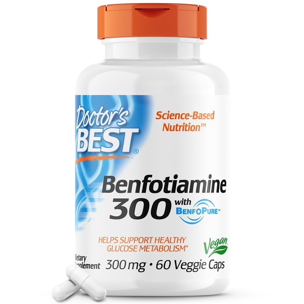 Doctor's Best Benfotiamine 300 with BenfoPure, Helps Maintain Healthy Glucose Metabolism, Non-GMO, Vegan, Gluten Free, Soy Free, 300 mg, 60 Veggie Caps