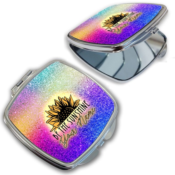 Bleu Reign Compact Personalized Pocket Mirror Custom Name Rainbow Glitter