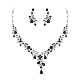 Clearine Wedding Jewellery Set for Women Bride, Y-Necklace Dangle Earrings Set Stunning Crystal Teardrop Leaf Flower Cluster Prom Jewellery for Bridal Bridesmaid Black Silver-Tone