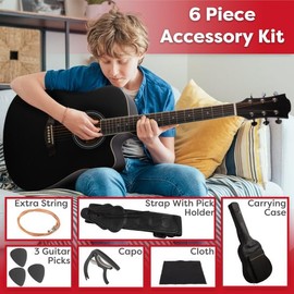 41in Acoustic Guitar - Guitar Kit with Case, Strap, Capo, Spare Strings, and Picks - Beginner Guitars for Kids and Adults by Hey Play (Black)