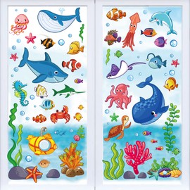 Whaline 9 Sheets Summer Ocean Themed Window Clings Stickers Cartoon Sea Life Under The Sea Double-Sided Window Decals for School Classroom Home Office Bathroom Accessories Party Supplies Gifts