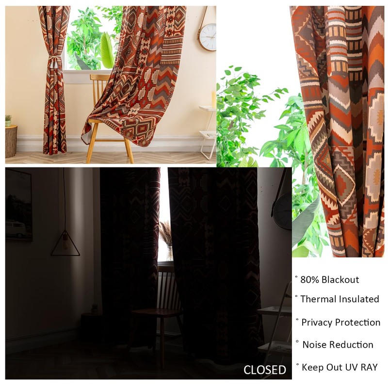 Koudi Aztec Tribal Blackout Curtains Red Brown Geometric Pattern Boho