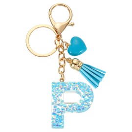 sourcing map Initial Letter Keychains, Resin Cute Heart Tassel Pendant Accessory for Women, Alphabet Key Ring for Purse Handbags Backpack, Blue-P