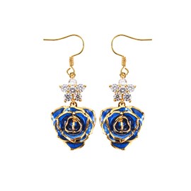 24K Gold Dipped Rose Earrings for Women and Girls, Fashion Golden Dipped Rose Earrings Best Gift for Girlfriend Wife Women on Mother Day Anniversary Birthday(Diamond-Blue)