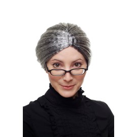 WIG ME UP - 69020-P103-68 Karneval Fasching Perücke Gouvernante Oma Großmutter Märchentante Schwarz + graue Strähnen streng