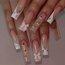 Long Square Press on Nails White Fake Nails French Tip Glue on Nails 3D Flower Bow Design Acrylic Nails Full Cover False Nails 24 Pcs (White-14, Long Nails 14)