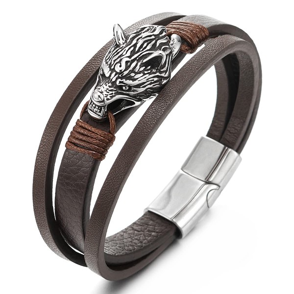 Viking Bracelet for Men, Steel Wolf Bracelet Brown Braided Leather