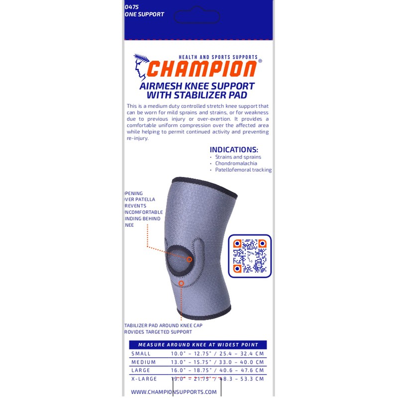 Champion Knee Brace, Patella Stabilizer Pad, Lightweigth Support, Airmesh Fabric,